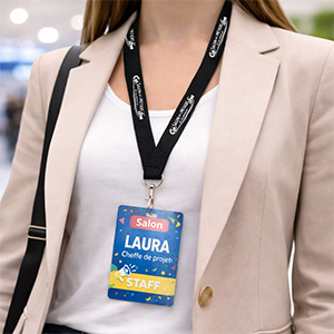 Femme portant un tour de cou personnalisé avec carte d'accès PVC